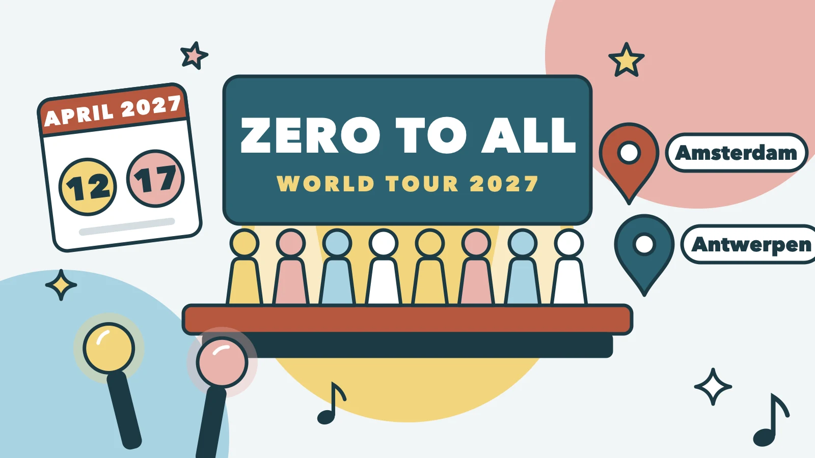 Illustratie van acht figuurtjes op een podium onder een scherm met ZERO TO ALL, een kalender met 12 en 17 april en kaartspelden bij Amsterdam en Antwerpen