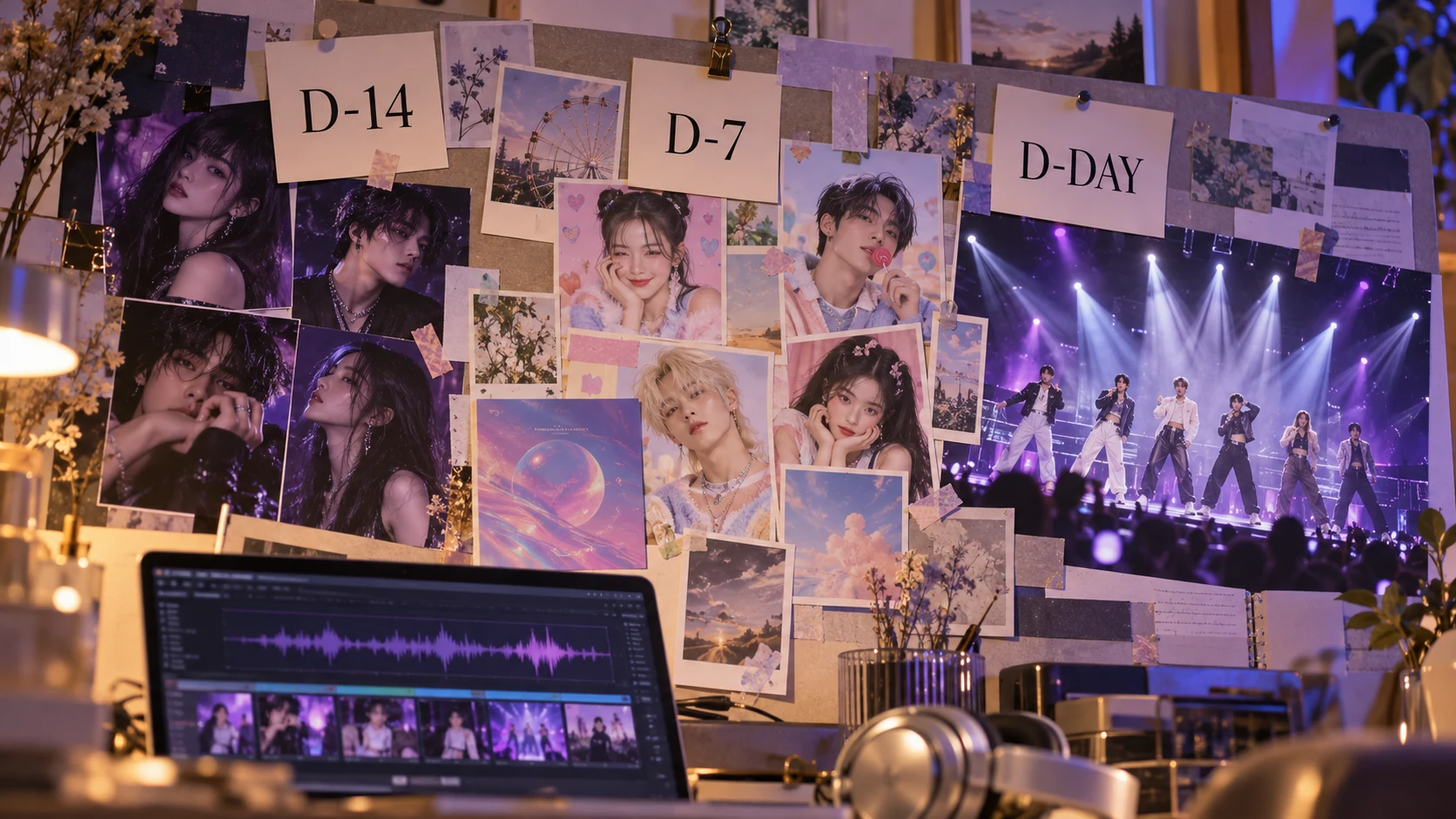 Prikbord met foto's van K-popidols en een aftelling van D-14 en D-7 naar D-DAY, de dag van de comeback