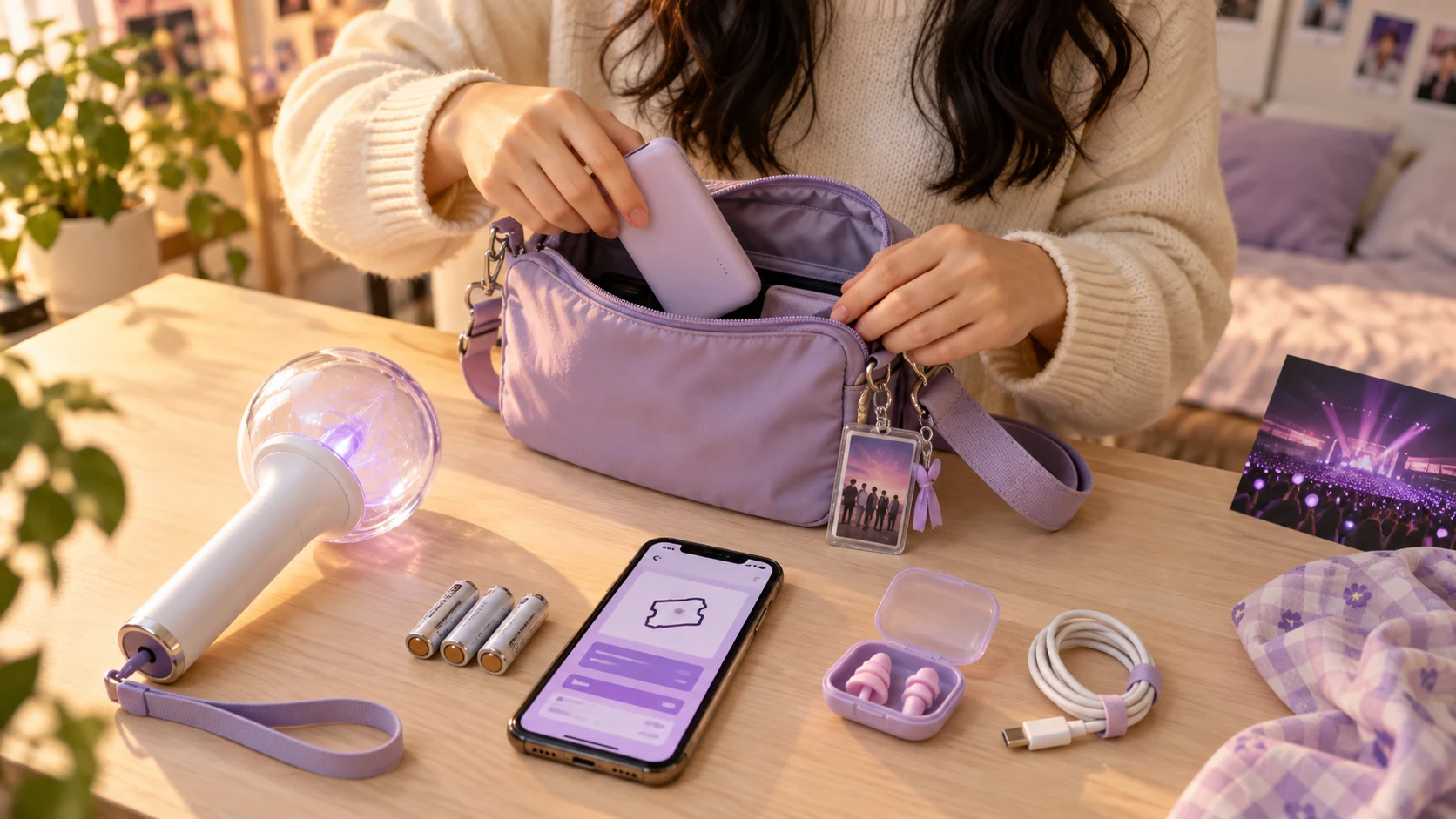 Een tas inpakken voor een K-popconcert, met lightstick, batterijen, telefoon met e-ticket, oordopjes en oplader