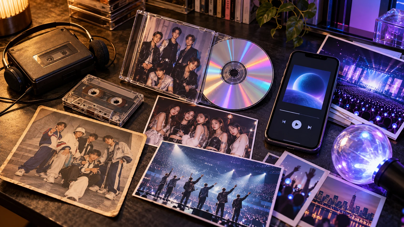 K-pop door de jaren heen: een walkman, cassettebandje, cd, oude groepsfoto's, smartphone en lightstick