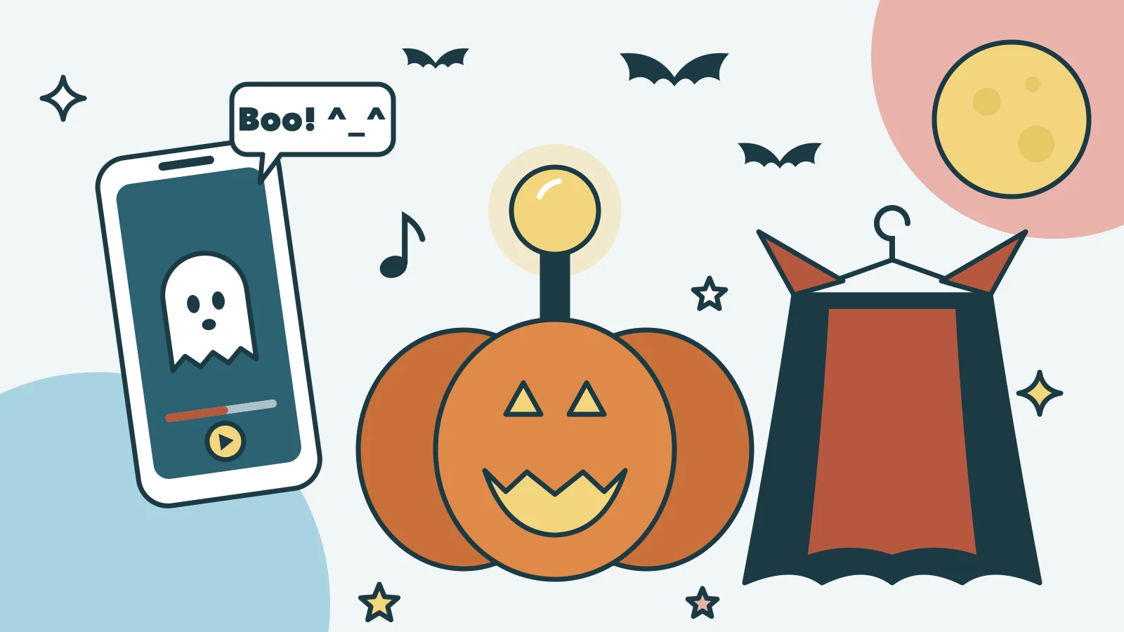 Illustratie van een pompoen met een lightstick erin, een vampiercape aan een hanger, vleermuizen bij de maan en een telefoon met een spookje dat Boo! zegt