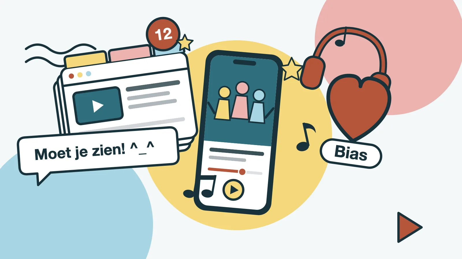 Illustratie van een telefoon met een K-pop videoclip, twaalf open browsertabbladen, een koptelefoon, een hartje met het woord Bias en een appje met 'Deze moet je écht even kijken!'