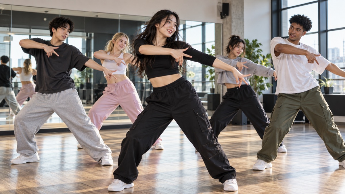 Een groep jongeren oefent een K-popdans in een dansstudio met spiegels