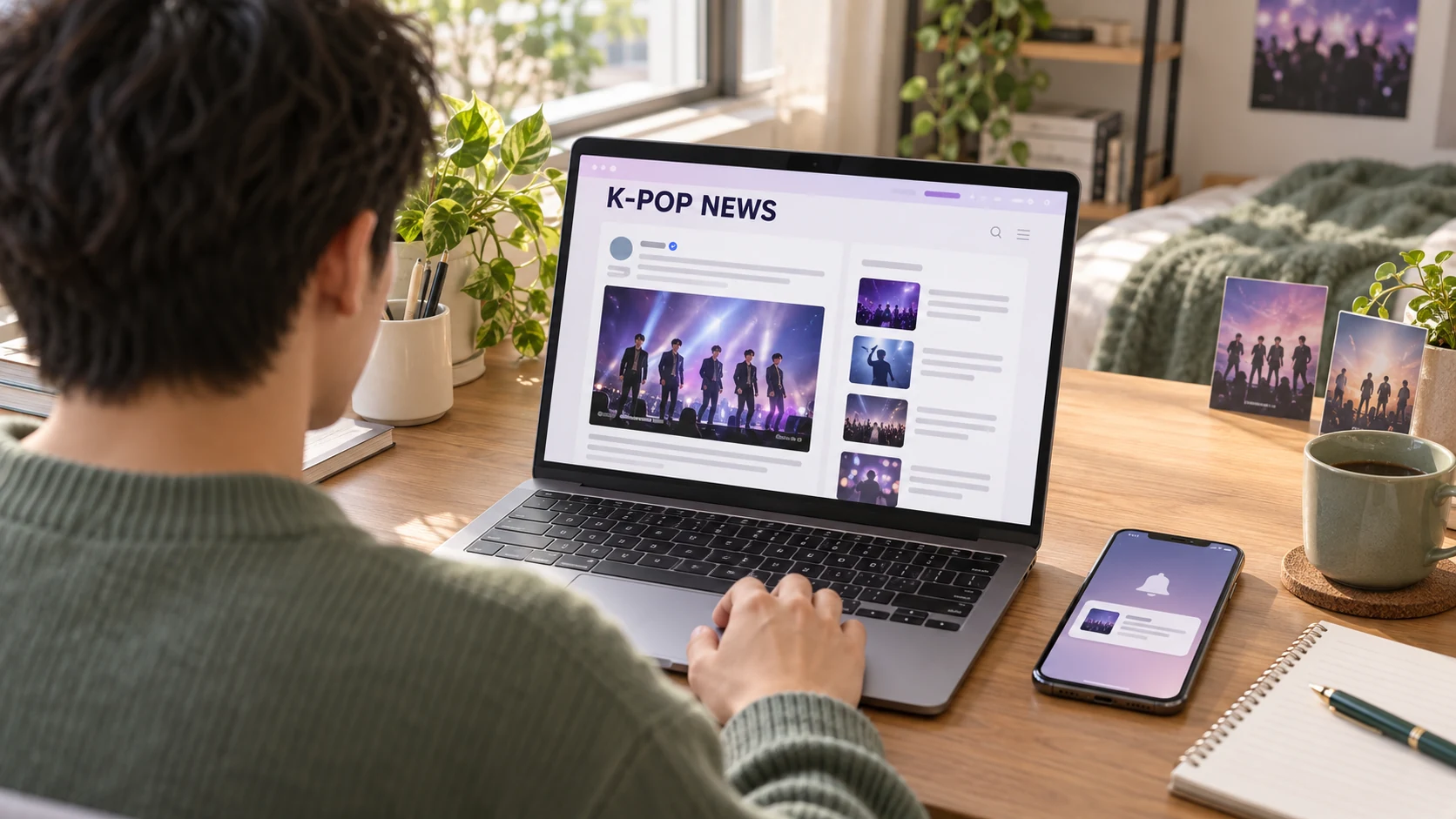 Iemand leest K-popnieuws op een laptop, met een smartphone en een kop koffie op het bureau