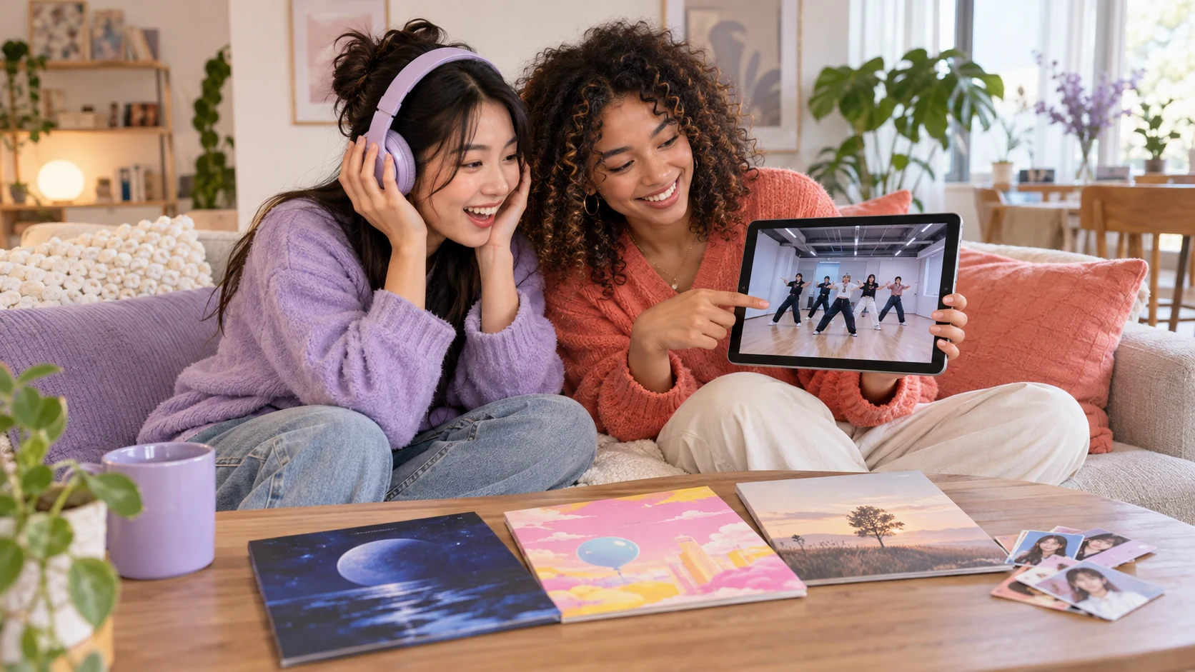 Twee vriendinnen ontdekken K-pop op de bank, met een koptelefoon, een dansvideo op een tablet en albums op tafel