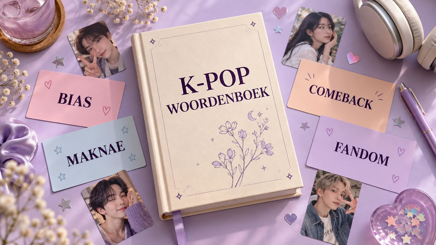 Een K-pop woordenboek met kaartjes van fan-woorden zoals bias, maknae, comeback en fandom, tussen photocards