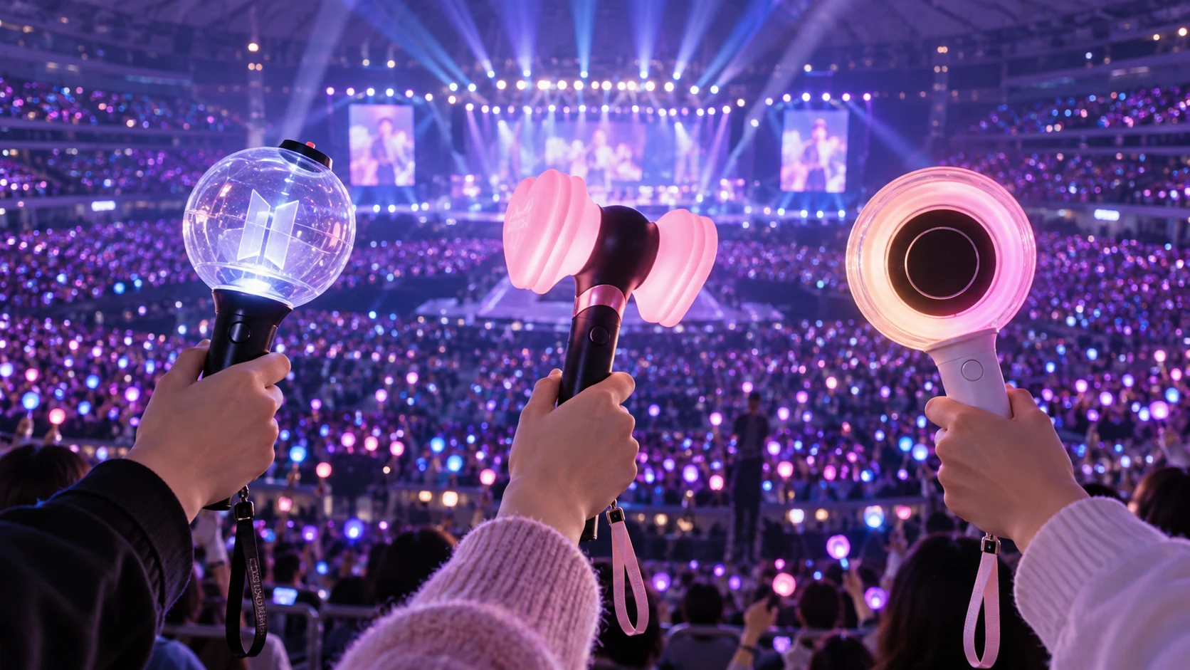 Fans houden verschillende K-pop lightsticks omhoog in een stadion vol paarse lichtjes