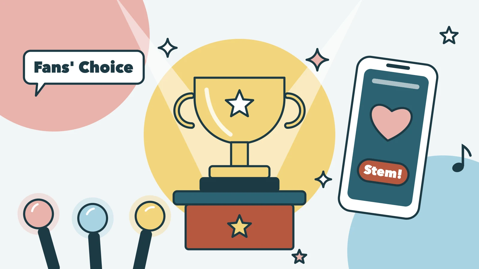 Illustratie van een gouden trofee op een podium in de spotlights, lightsticks, een tekstballon met Fans' Choice en een telefoon met een stemknop