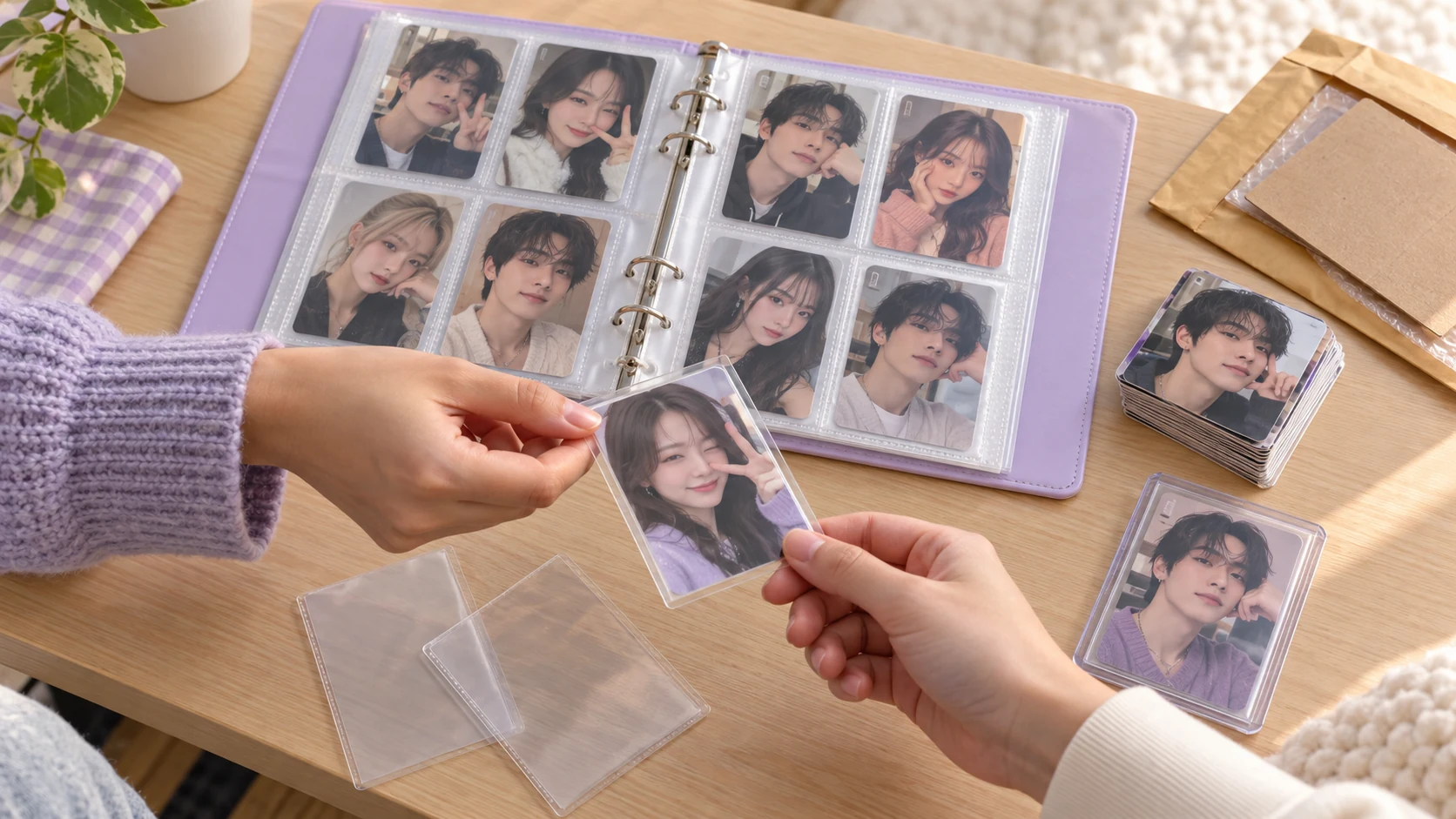 K-pop photocards in een lila verzamelmap en beschermhoesjes, met een photocard in de hand