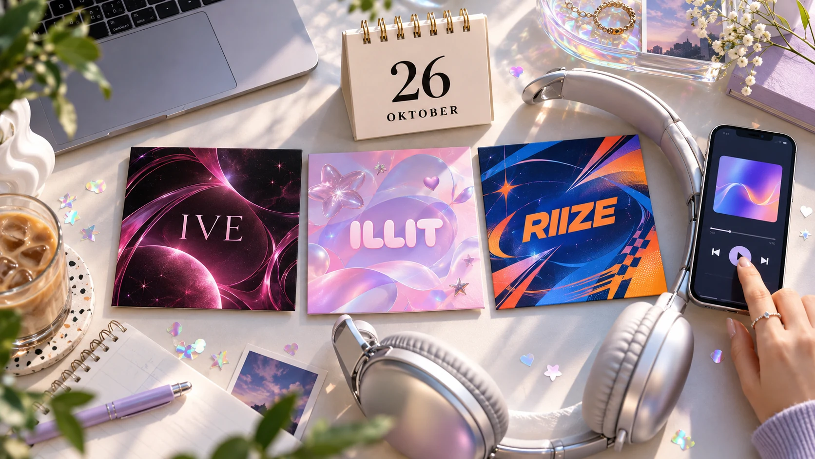 Albums van IVE, ILLIT en RIIZE naast een koptelefoon, een kalender op 26 oktober en een telefoon met muziek