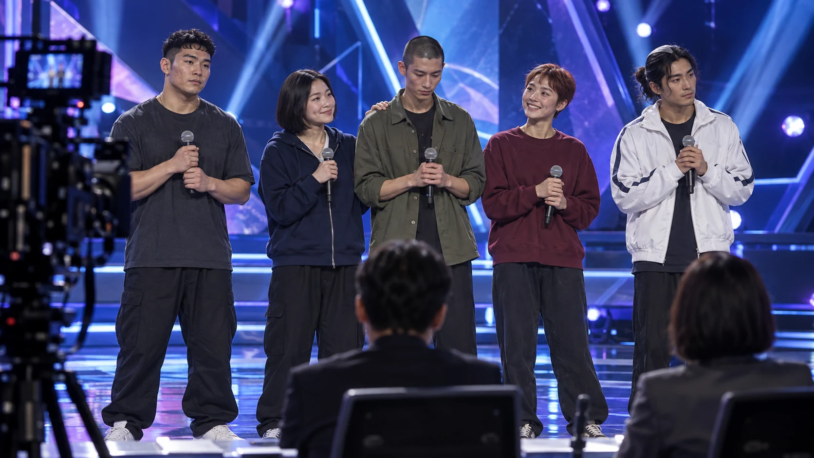 Vijf deelnemers met microfoons op het podium van een survivalshow, tegenover de jury